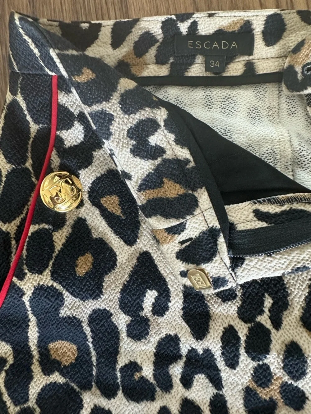 Escada Leopard Print Jacket with Gold-Tone Buttons and Red Piping - Picture 1 of 2